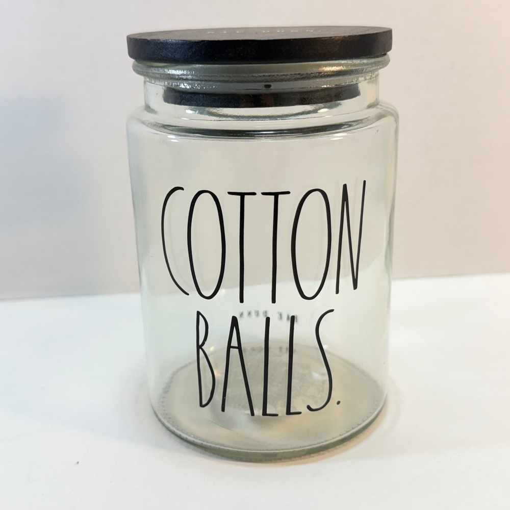 Rae Dunn Cotton Balls Jar Bathroom Organizer Clear Glass Wood Lid Minimalist